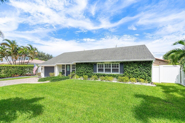 single story home with a front lawn