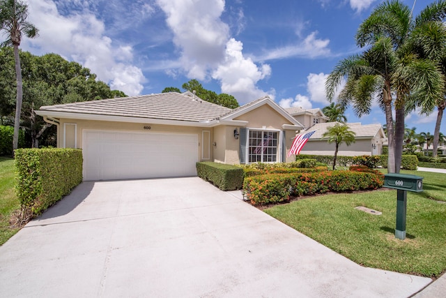 single story home featuring a garage and a front lawn