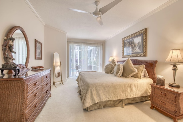 bedroom with ornamental molding, access to exterior, light carpet, and ceiling fan