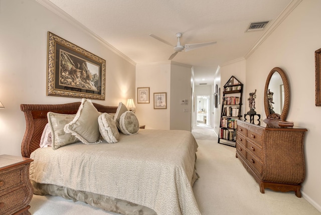 bedroom featuring ceiling fan, light colored carpet, visible vents, and crown molding