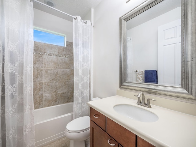 full bathroom featuring a textured ceiling, vanity, toilet, and shower / tub combo