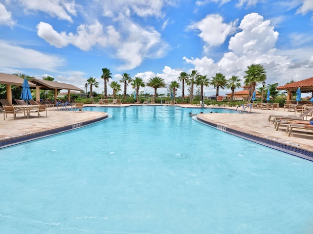 view of swimming pool featuring a patio