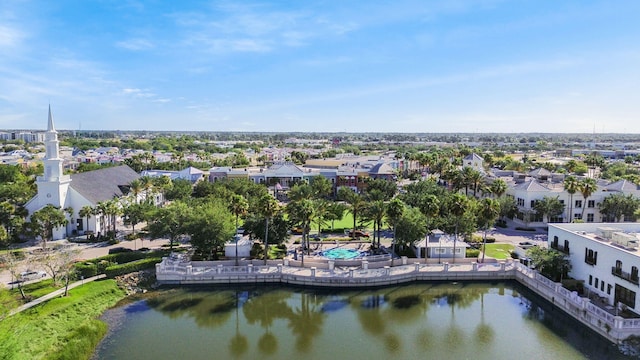 bird's eye view with a water view