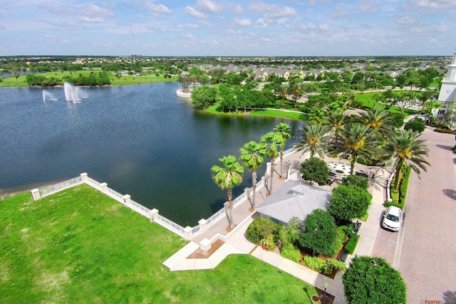 drone / aerial view featuring a water view