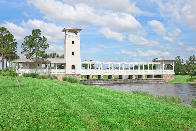 view of building exterior with a water view