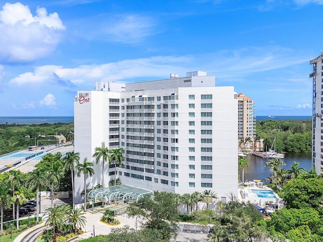 view of building exterior with a water view