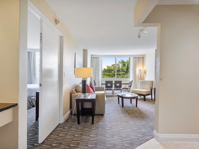 living room featuring carpet and track lighting