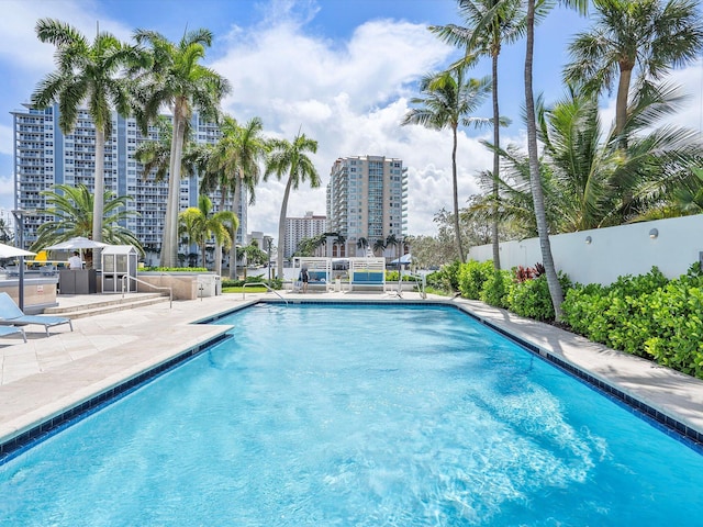 view of swimming pool featuring a patio area