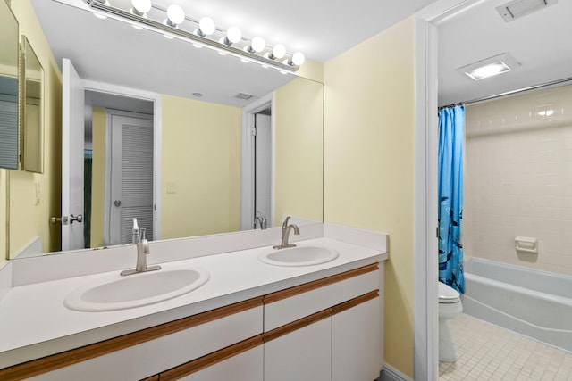 full bathroom with shower / bathtub combination with curtain, vanity, toilet, and tile patterned flooring