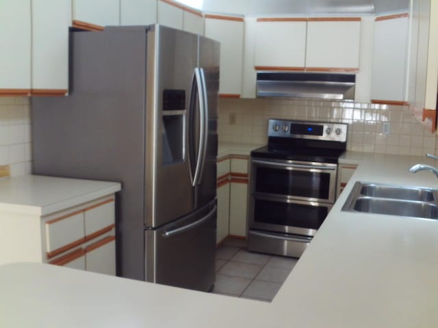 kitchen with white cabinets, appliances with stainless steel finishes, backsplash, and sink