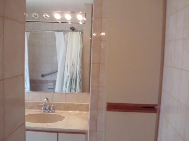 bathroom with vanity, a shower with shower curtain, and tasteful backsplash