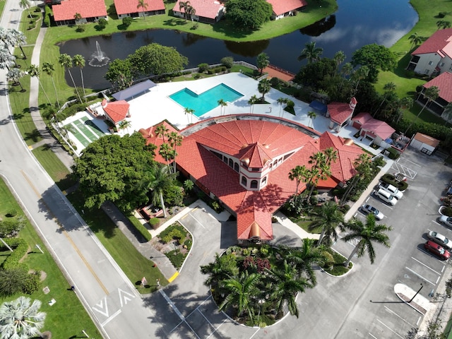 bird's eye view with a water view