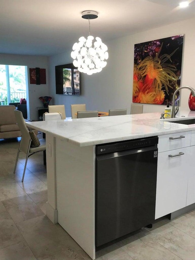 kitchen with sink, black dishwasher, an inviting chandelier, and light tile patterned flooring