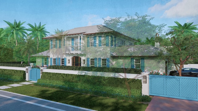 view of front of property featuring a gate, stucco siding, and a fenced front yard
