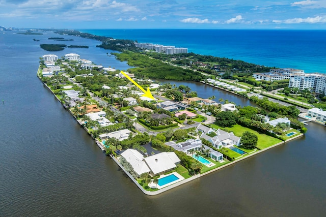 bird's eye view with a water view