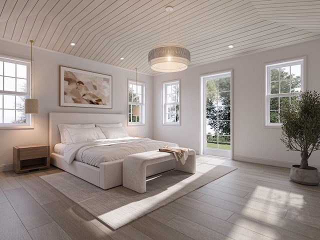 bedroom featuring light wood-type flooring, wood ceiling, and multiple windows