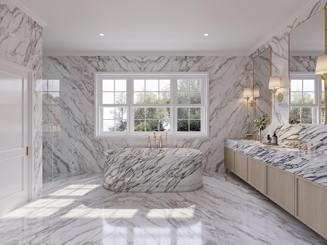 bedroom with marble finish floor and ornamental molding