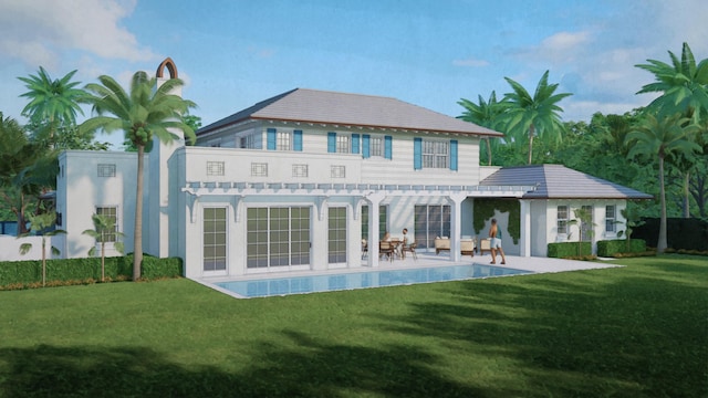 back of property with a pergola, a lawn, a patio area, and stucco siding