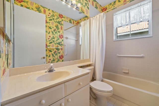 10860 Fairmont Village Dr, Lake Worth, FL 33449 - full bath featuring vanity, wallpapered walls, tile patterned flooring, toilet, and shower / bath combo with shower curtain