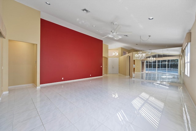 10860 Fairmont Village Dr, Lake Worth, FL 33449 - tiled spare room with recessed lighting, visible vents, ceiling fan with notable chandelier, and baseboards