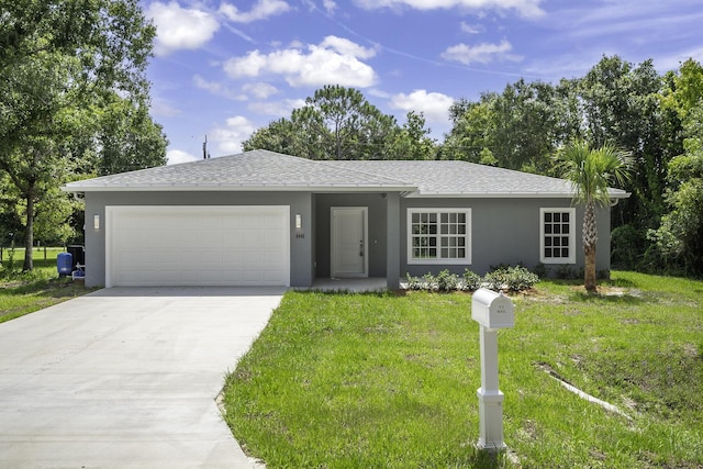 3534 NW 32nd Ave, Okeechobee, FL 34972 - ranch-style house with stucco siding, a garage, driveway, a front lawn, and a shingled roof