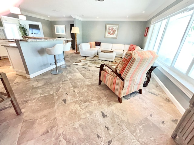 living room featuring ornamental molding