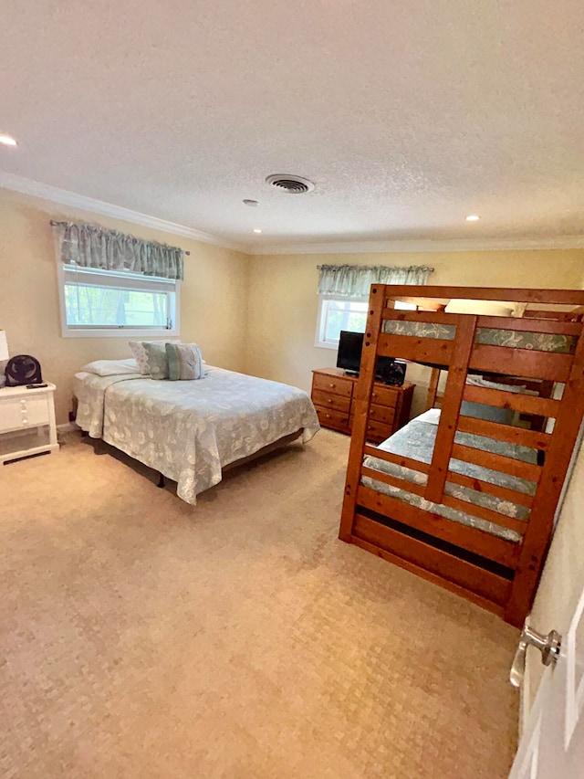 carpeted bedroom featuring crown molding, multiple windows, and a textured ceiling