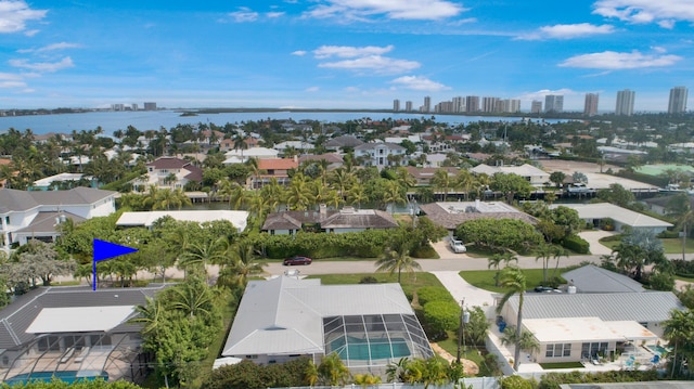 drone / aerial view featuring a water view