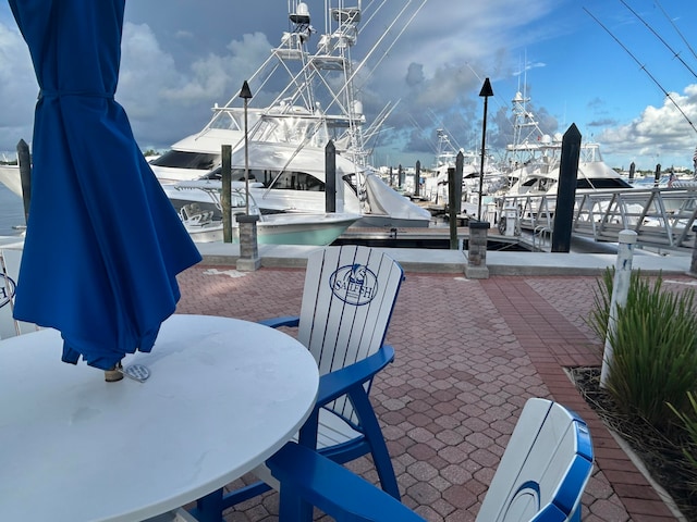 view of patio / terrace featuring a dock and a water view