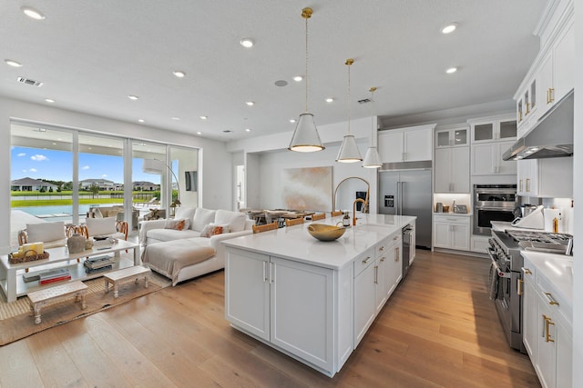 kitchen featuring wood finished floors, light countertops, under cabinet range hood, and high end appliances