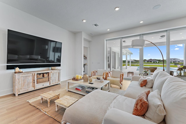 living room with a textured ceiling and light hardwood / wood-style floors