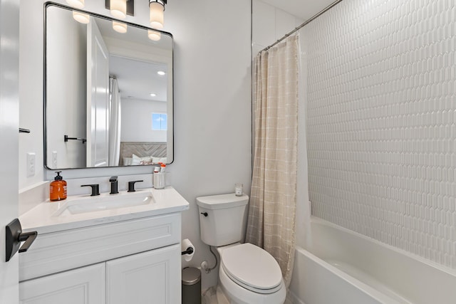 full bathroom with shower / bath combo with shower curtain, toilet, and vanity