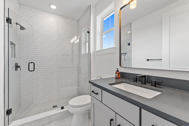 bathroom with vanity, toilet, and a shower stall