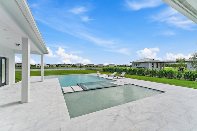 outdoor pool featuring a yard, a residential view, fence private yard, and a patio area