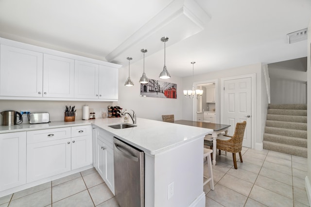 kitchen featuring kitchen peninsula, sink, white cabinets, and dishwasher