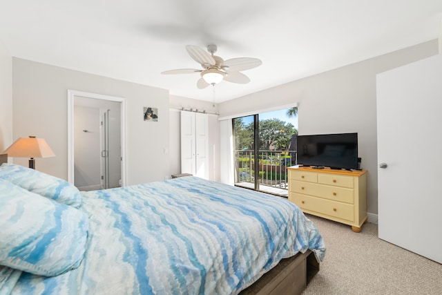 carpeted bedroom with ceiling fan and access to outside