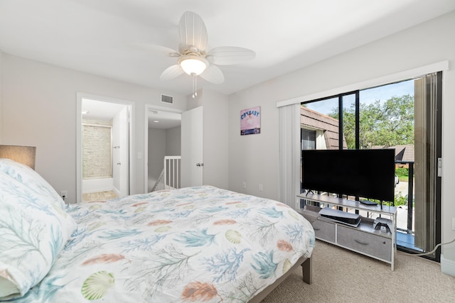 bedroom with ensuite bathroom, ceiling fan, access to outside, and light colored carpet