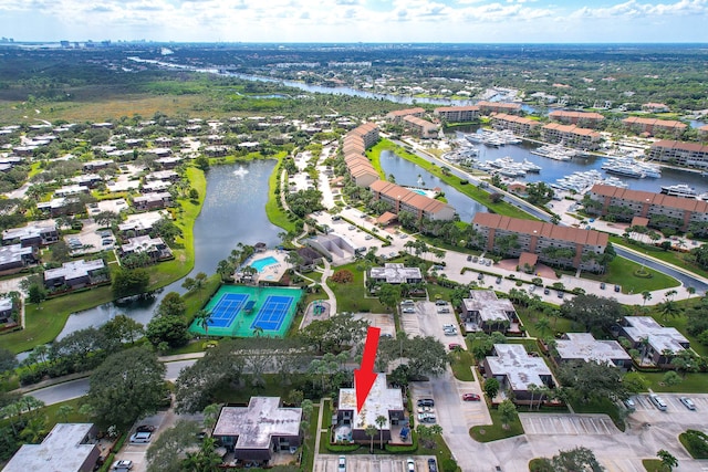 aerial view featuring a water view