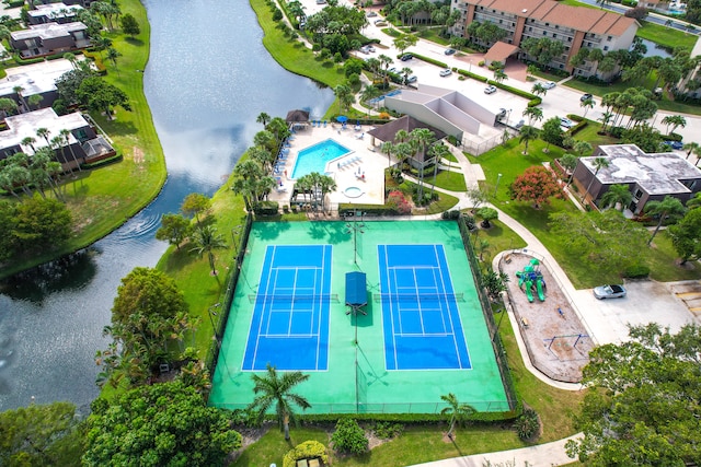 birds eye view of property featuring a water view