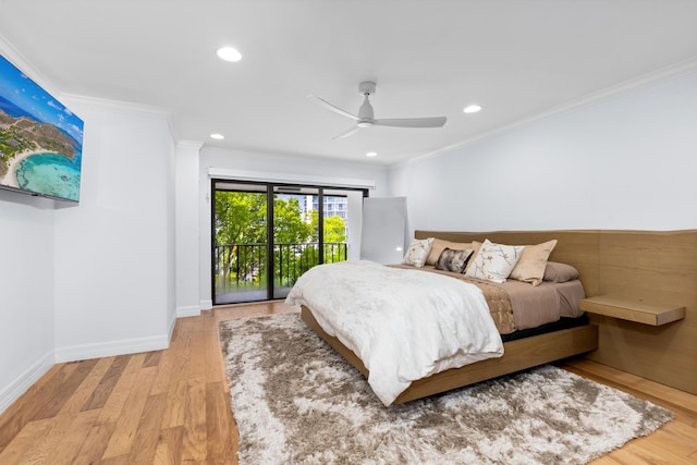 bedroom featuring light hardwood / wood-style floors, ornamental molding, ceiling fan, and access to exterior