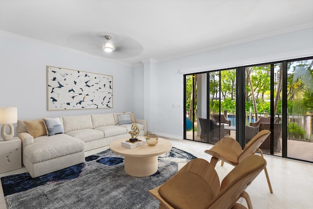 living room featuring crown molding and ceiling fan