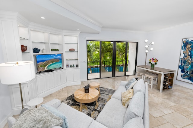 living room with built in shelves and crown molding