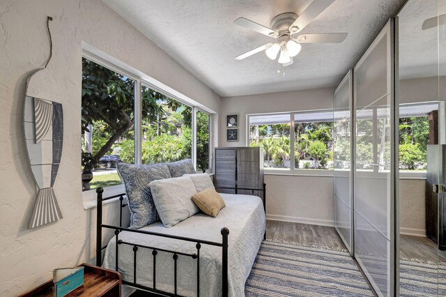 sunroom / solarium featuring a ceiling fan