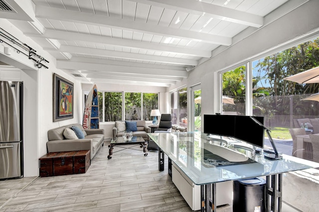 sunroom / solarium with wooden ceiling, plenty of natural light, visible vents, and beamed ceiling