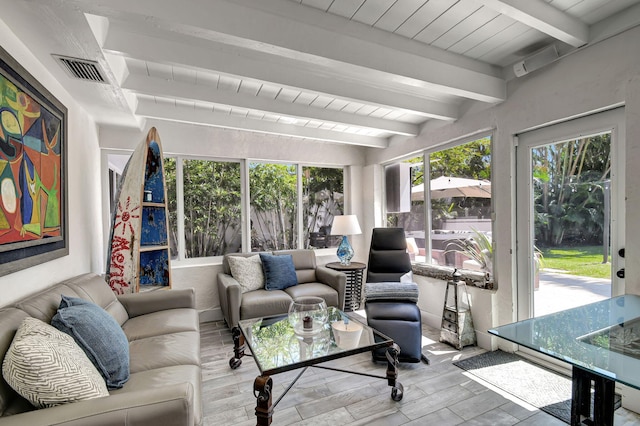 interior space featuring wood ceiling, visible vents, and beam ceiling