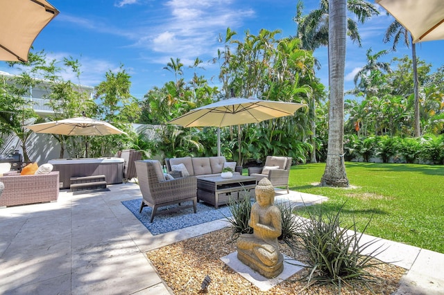 view of patio with an outdoor living space and a hot tub