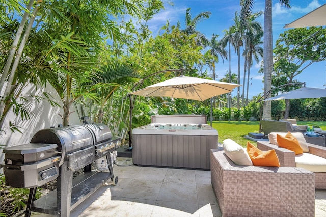 view of patio with a hot tub and outdoor lounge area