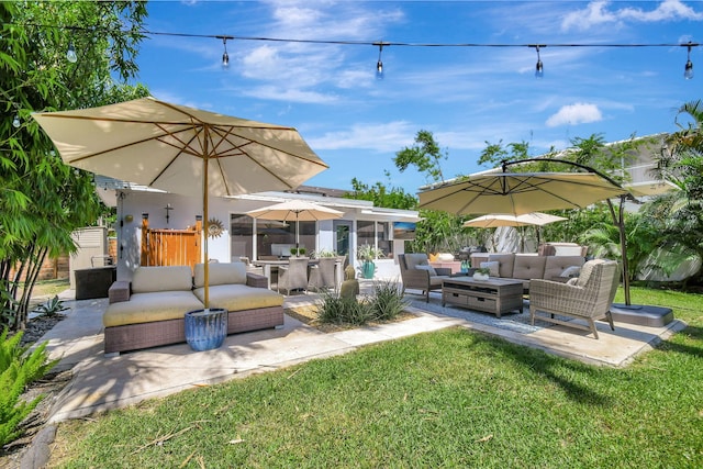 exterior space with a patio area, fence, and an outdoor living space