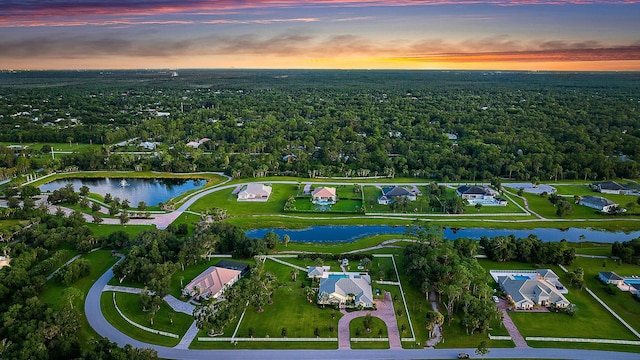 aerial view with a residential view, a water view, and a view of trees