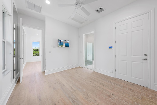 entryway featuring ceiling fan and light hardwood / wood-style flooring